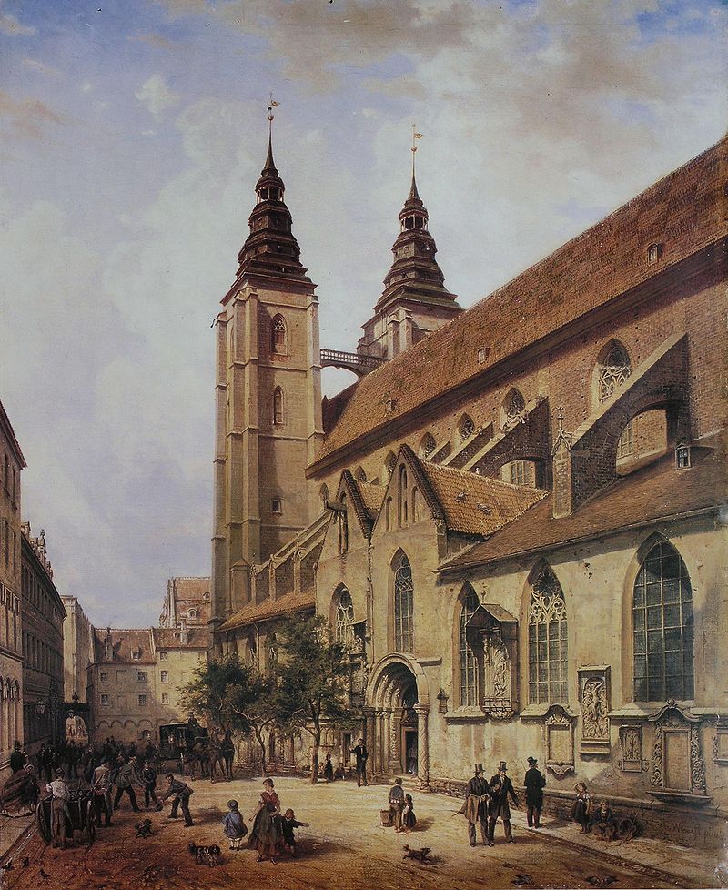 Auf der linken Seite gegenüber der Kirche befindet sich Paul Ehrlichs Gymnasium, gemalt von Albert Wölf 1867