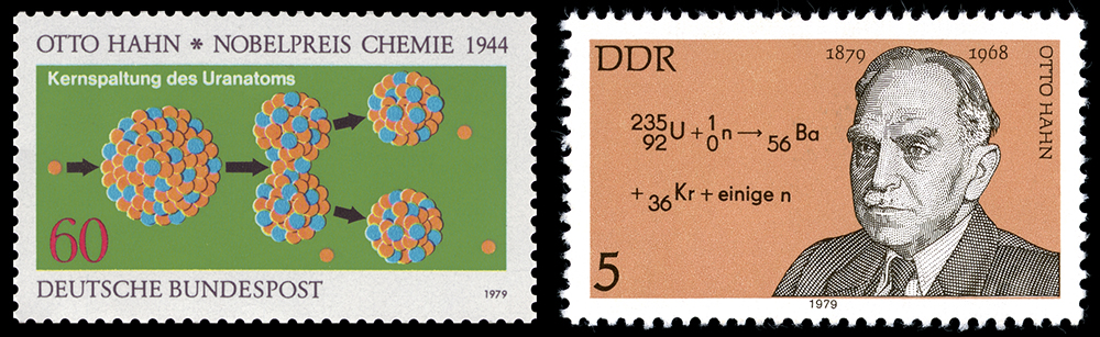 Gedenkbriefmarken der BRD und der DDR für Otto Hahn anlässlich seines 100sten Geburtstags, 1979